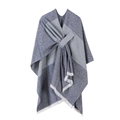 Blue-grey color-block knitted poncho wrap with fringe edges and thick texture - Tie Dye Blue