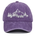 Close-up of mountain forest embroidery on purple washed cotton baseball cap texture - One Size(Adjustable) / Purple