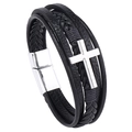 Meerlaagse zwarte gevlochten leren armband met zilveren kruisbedel en magneetsluiting - Zwart/Zilveren Accessoires