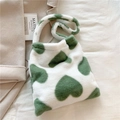Borsa tote in peluche con motivi a cuore verdi e bianchi, borsa a spalla morbida per inverno - Cuore Verde