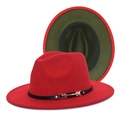 Detail of red and olive green two-tone fedora hat with black leather strap and gold buckle - Red + Army Green