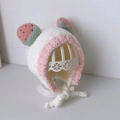 White and pink plush baby earflap hat with cute strawberry pom-poms and chin straps - Cap circumference 40-48cm, suitable for 3-18 months / Fruit White