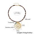 Detail view of leopard print silk cord necklace with stainless steel rings and turquoise - Gold Turquoise Style (P2182)