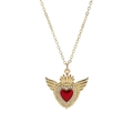 Gold heart necklace with red zircon center wing and crown pendant on white background - Gold Wings Crown Red Heart Style (YS-231117-10)