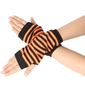 Detailed macro of orange and black striped knit fingerless gloves with thumb hole design - One Size / Orange & Black Stripes