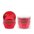 Glossy red aluminum foil cupcake liners set in a clear plastic cylindrical container - Aluminum Foil Liner / Red