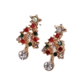 Detailed macro of gold Christmas tree earrings with sparkling colorful rhinestones - Multicolor Rhinestone Star Christmas Tree Stud Earrings(EH985)