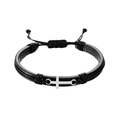 Men's black braided leather bracelet with silver metal cross and adjustable cord - Single Piece/Metal Cross/Woven Leather / Black/Silver