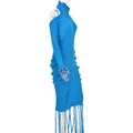 Detailansicht des blauen Strickkleides mit Fransen am Saum und gerippter Struktur - S / Blau
