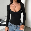 Slim fit black long sleeve bodysuit with U-neckline and ruched chest detail - S / Black