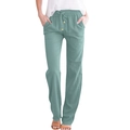 Detail of mint green linen trousers featuring an elastic waistband and adjustable drawstring - S / Bean Green