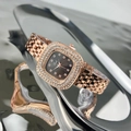 Fashionable rose gold women's square watch with diamond bezel and dark grey dial - Rose Gold Black Face