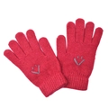 Detail of red knitted gloves showing a grey smiley face embroidery and ribbed cuffs - One Size / Red