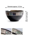 Japanese ceramic rice bowl in black glossy glaze with blue and brown patchwork design - 4.8 Inch / Blue Plaid