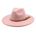 Close-up of pink wool fedora hat with brown braided leather band and fringe tassels - M (56-58cm) / Dusky Pink