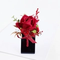Elegant red artificial rose boutonniere with berries and golden leaf accents - Corsage / Dark Red