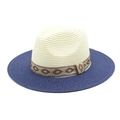 Detailed macro view of two-tone straw hat with embroidered diamond pattern ribbon - M(56-58cm) / Cream White + Navy Blue