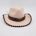 Pink wool western cowboy hat with bull head buckle and black stitched edge detail - One Size(56-58cm) / Beige Black Edge (Gold Bull)