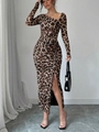 Detail of leopard print dress featuring side drawstring ruching and a slim-fit slit design - S / Dark Brown