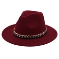Detail of burgundy fedora with decorative golden chain and black woven ribbon band - M (56-58cm) / Wine Red (Black Chain Decor)