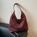 Retro burgundy leopard print hobo bag in matte suede finish with leather shoulder strap - Agra Red Leopard