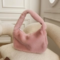 Pink plush faux fur handbag for women with soft texture and secure zipper closure - Solid Pink // Great Deal