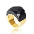 Minimalist gold titanium steel ring with a large faceted black crystal gemstone - Black (KR31890-K)