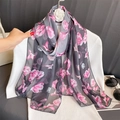 Long chiffon scarf in dark grey with vibrant pink tulip floral print and sheer texture - Grey Pink Tulip