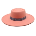 Detail of pink wool felt fedora with blue ethnic embroidery band and wide brim - M / Dusky Pink