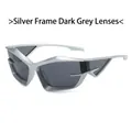 Futuristic silver frame sunglasses with dark grey lenses in a cyberpunk cat eye style - Silver Frame Black Grey Lens