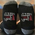 Black Christmas socks with grey heel and 'Most Wonderful Time' text on soles - One Size / Christmas Tree Grey Black