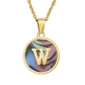 18K gold plated stainless steel necklace with round shell pendant featuring letter W - Colorful Abalone Shell Letter W