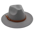 Close-up of a gray wool fedora hat featuring a brown leather band and gold buckle detail - Light Gray (Brown Belt)