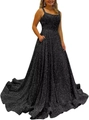 Elegant black sequin A-line prom dress with thin straps and practical side pockets - US Size 2 (S) / Black