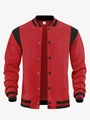 Men's casual red and black color-block varsity jacket with ribbed trim and snap buttons - Burgundy