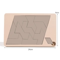 Challenging wood puzzle toy in grey-brown finish, measuring 14cm by 9cm on white background - Model D