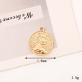 Detailed view of golden coin pendant with Elizabeth II relief and 1.9cm size specs - C291 19mm Gold Queen Portrait Coin