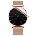 Fashionable men's quartz watch with rose gold mesh strap and black minimalist dial - Rose Gold Hands Rose Gold Case Rose Gold Mesh Band