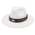 Close-up of white wide brim felt hat with dark brown band and retro silver metal buckle - White