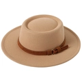 Classic light camel wool felt wide brim fedora hat with decorative brown leather strap - M(56-58cm) / Camel