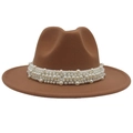 Detailed view of white pearls on the band of a brown wide-brim felt fedora hat - M(56-58cm) / Khaki (Large Pearl)