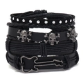 Set bracciale in pelle multistrato da uomo con teschi argentati e ciondoli a chitarra - Nero