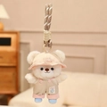 White teddy bear keychain in brown overalls and sun hat with a braided rope strap - Sporty Style Khaki Bucket Hat / 15cm Pendant