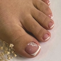 French style toe nail press-ons with nude pink base and delicate white flower art - FW08