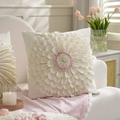 Elegant off-white square throw pillow with 3D pink and white floral detail on a sofa - White+Pink New Sunflower (Cover Only)