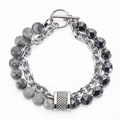 Dettaglio bracciale a doppio strato con pietre marmoree, perline sfaccettate e chiusura a T argento - Pietra Paesaggio ed Ematite Magnetica Sfaccettata