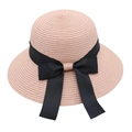 Detail of pink straw sun hat featuring a wide black grosgrain ribbon bow decoration - Kids One Size Head Circumference 52cm / Pink