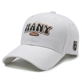 White baseball cap with black MANY embroidery and brown charm label in streetwear style - Adjustable / White