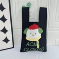 Black knitted tote bag featuring a cute cartoon figure and green text embroidery - Thinking Dog Black