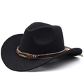 Cappello da cowboy western in feltro nero con fascia etnica e ciondolo a piuma in metallo - M (56-58cm) Regolabile / Nero